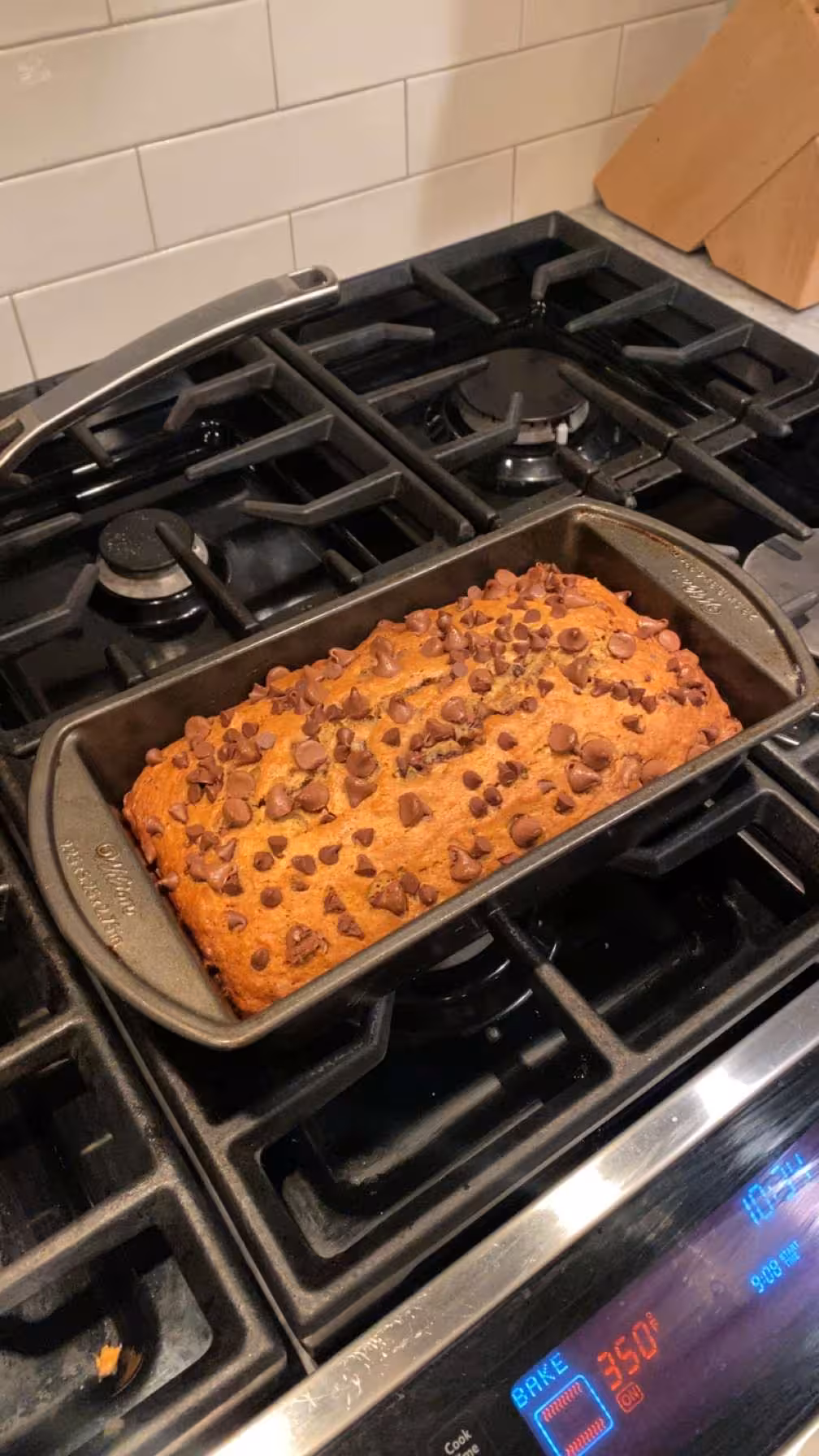 Homemade banana bread loaf with chocolate chips fresh from the oven