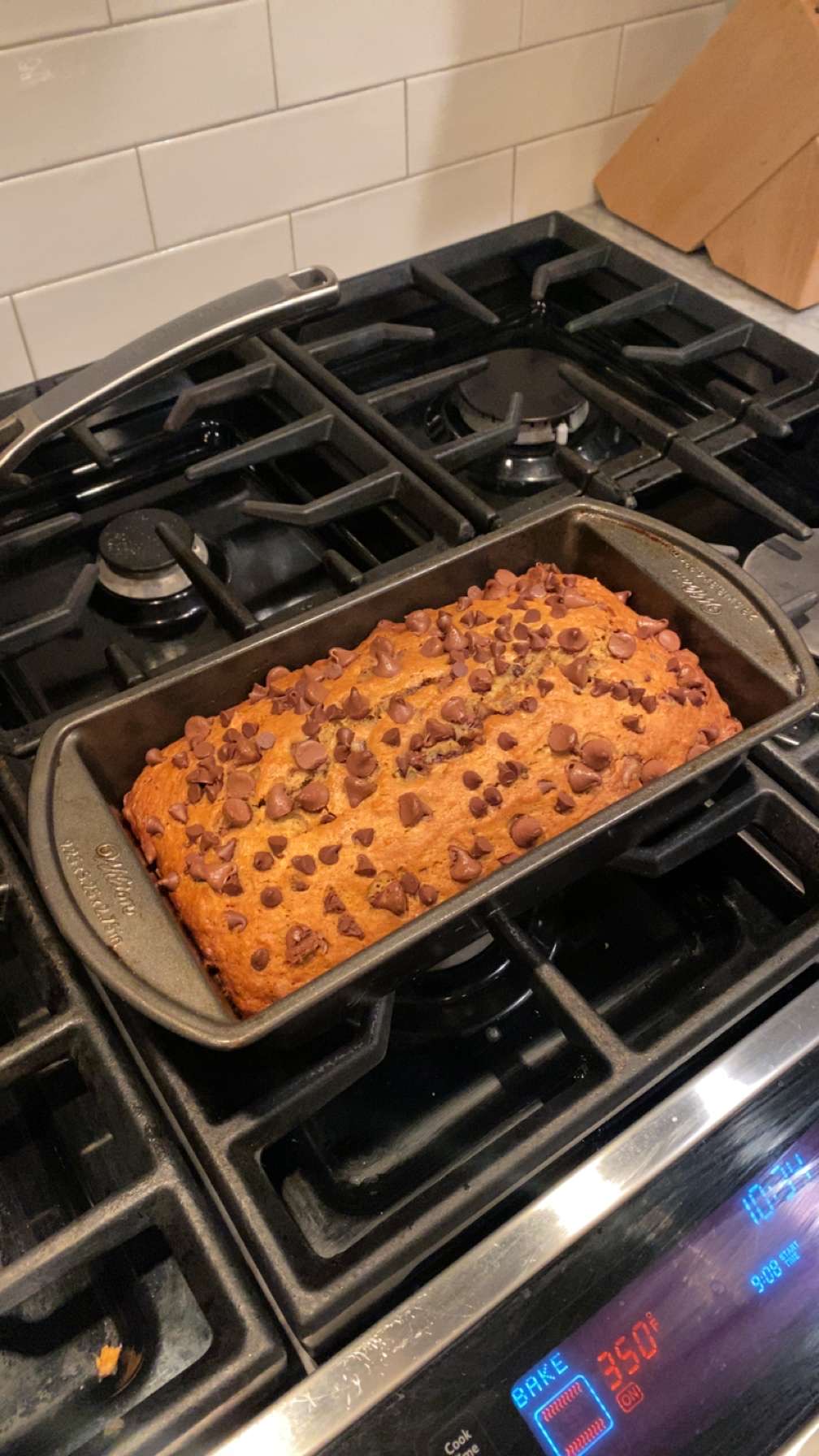 Homemade banana bread loaf with chocolate chips fresh from the oven