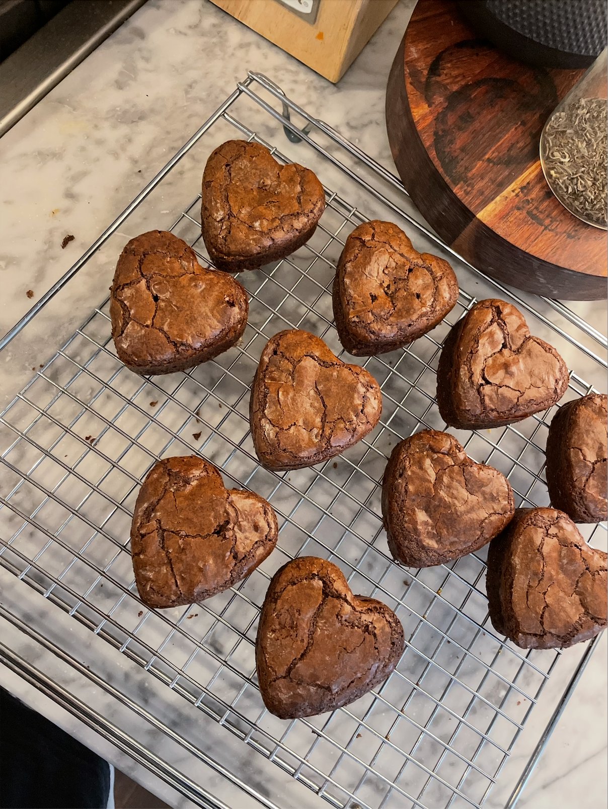 Heart-shaped signature brownies with fudgy crackle tops