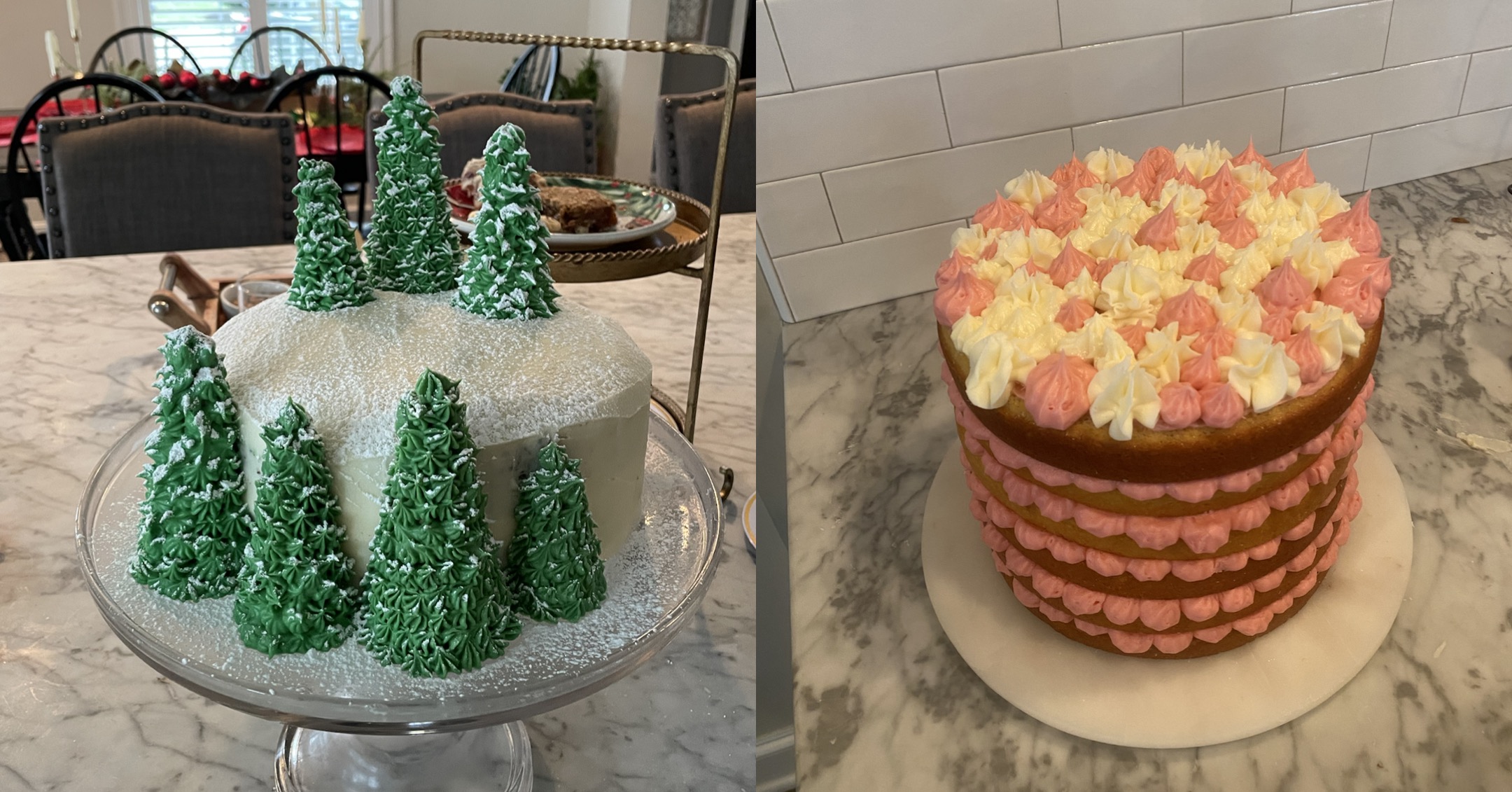 Custom layered cakes with buttercream frosting and decorations