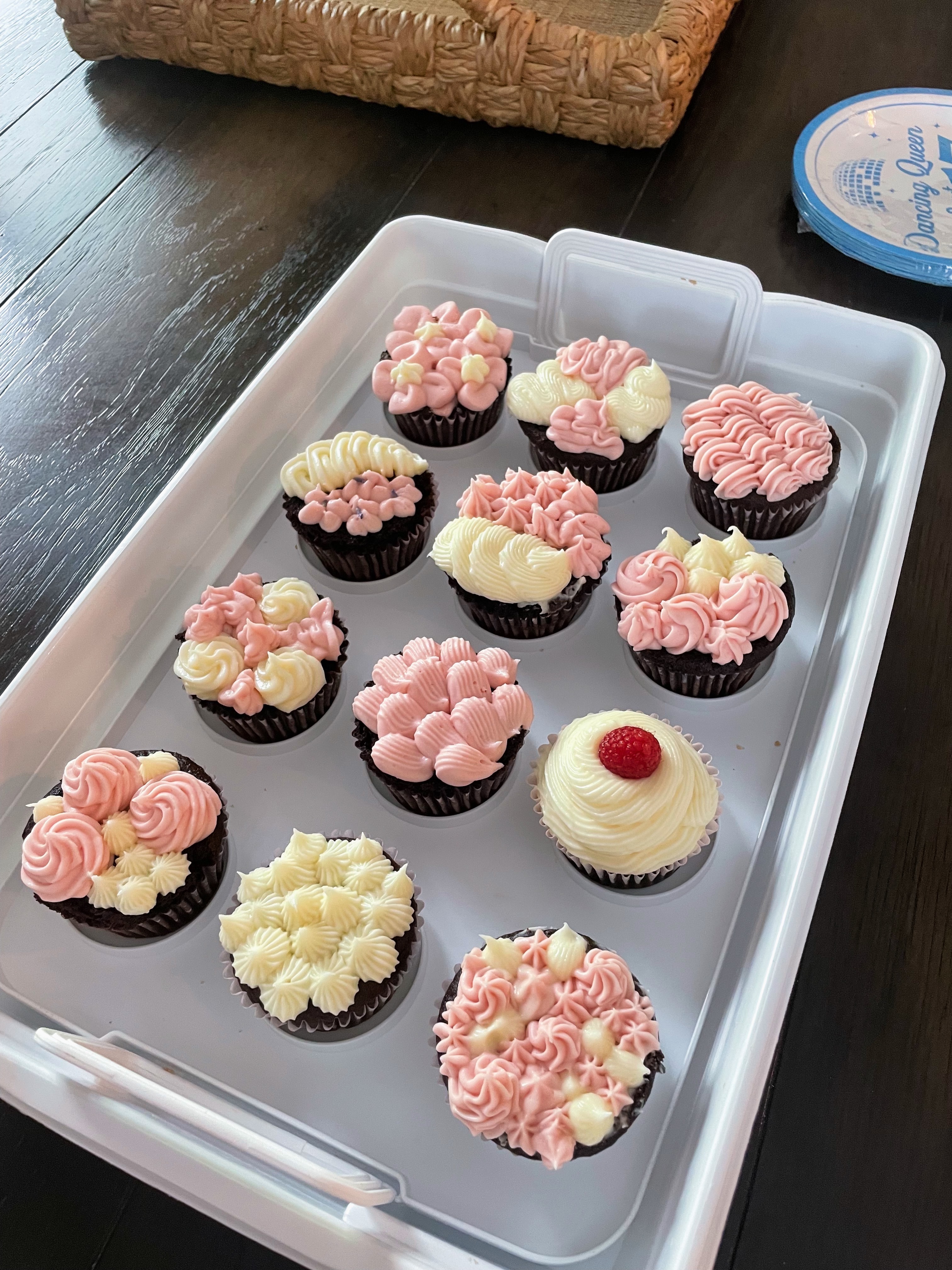 Classic cupcakes with pink and white buttercream frosting